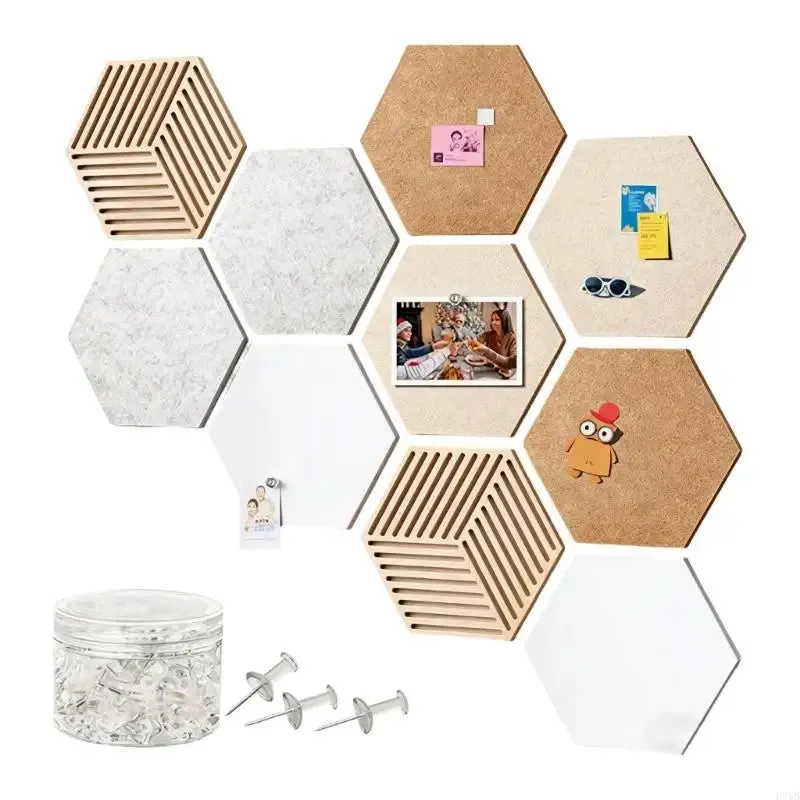 Hexagon cork bulletin board tiles arranged on a wall