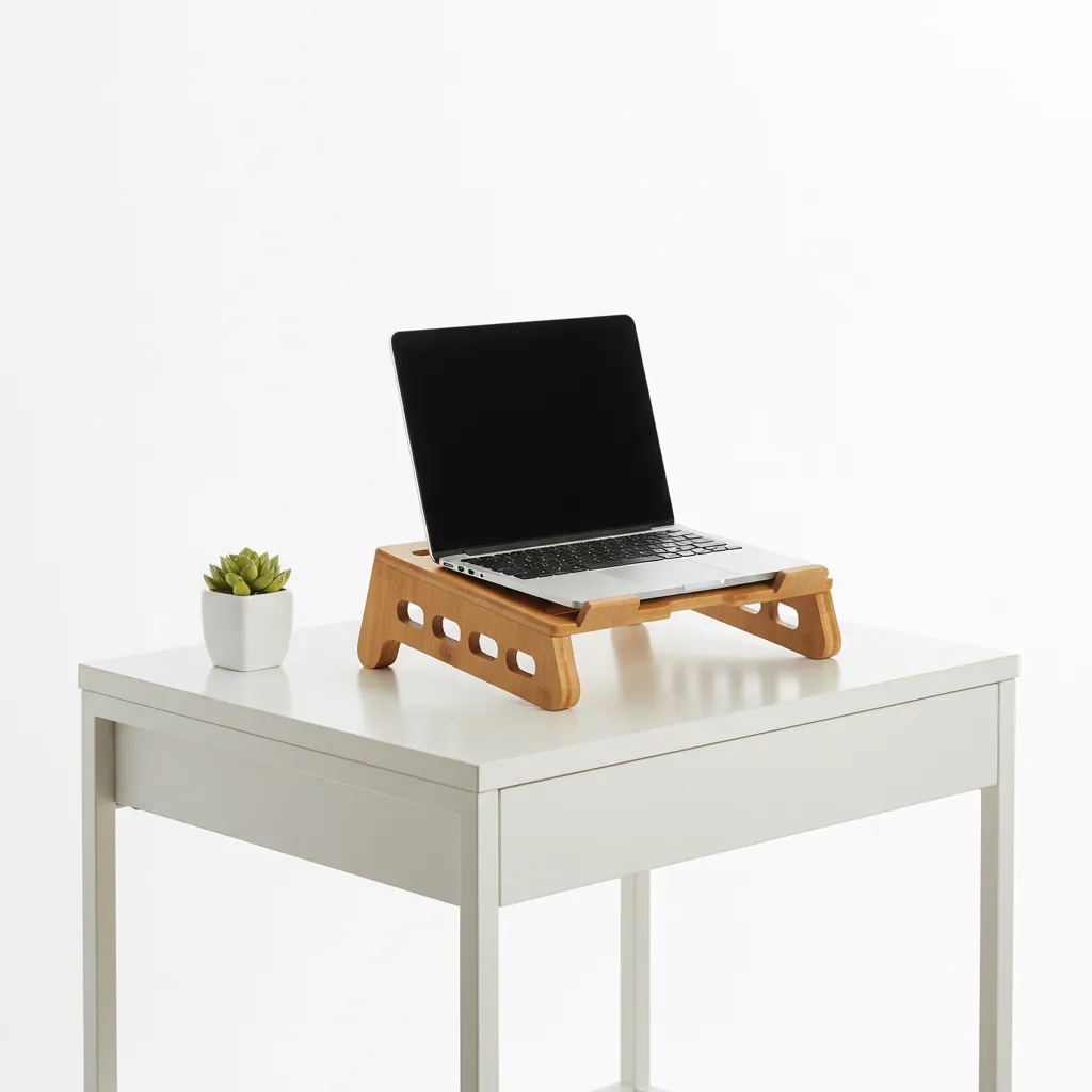 Bamboo laptop riser stand on a white table